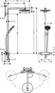 Hansgrohe Duschsystem mit Kopfbrause und Handbrause, integriertes Thermostat, Verlängerungsrohre und Anschlüsse für die Montage an der Wand. Diagramm mit Maßen und Bewegungsradius.